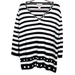 NWT Alfred Dunner Black White Striped Sweater COTTON Beaded Rhinestone PLUS 2X